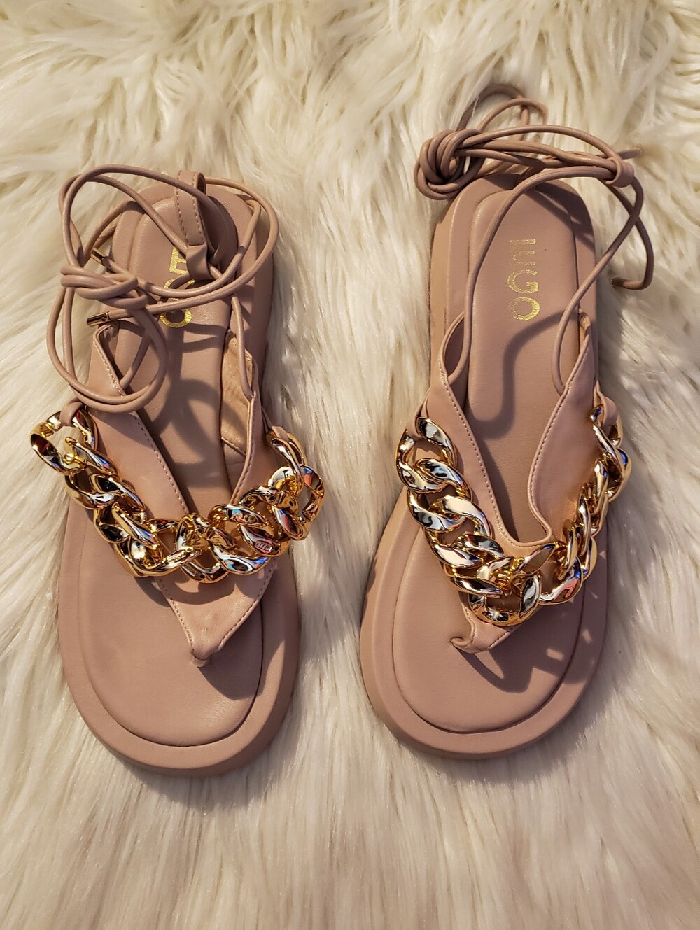 Ego ‘Hidden-Gems Chain Thong Detail Lace Up Platform Gladiator Sandal’ Nude